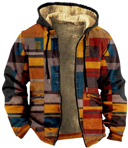 SOOUICKER Fleecejacke Herren Kapuze Sweatjacke Herren Gefüttert Zip Hoodie Herren mit Print Fleecejacke Herren Kariert Vintage Sweatjacke Herren Fleece Hoodie Herren mit Reißverschluss