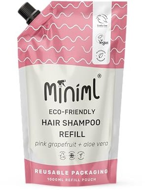Miniml Natural Hair Shampoo Eco Friendly – 1L Refill Pink Grapefruit & Aloe Vera Men and Womens Sensitive Scalp & Skin Cruelty Free Vegan Shampoo - For Greasy, Curly, Dry and Dandruff Hair