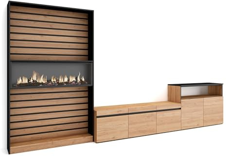 Skraut Home | Wohnwand Wohnzimmer | Wohnzimmermöbel, Möbelset | 360x186x35cm | Für TV-Geräte bis zu 65 | Elektrokamin | Moderner Stil | Eiche Schwarz
