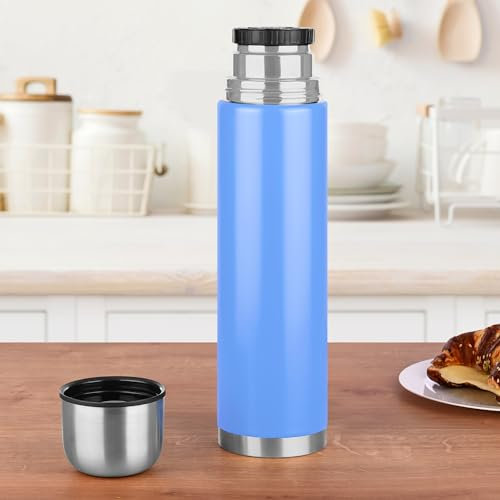 GRÄWE Thermosflasche,1 Liter Edelstahl Trinkflasche, Thermoskanne, Isolierflasche für unterwegs mit Becher, Auslaufsicher, Spülmaschinengeeignet, Hellblau