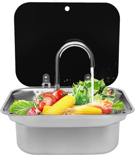 VBVARV Caravan RV Waschbecken Mit Wasserhahn Waschbecken Edelstahl-Spüle Handwäsche Basin -Bootswaschbecken Für Trailer, Caravan, Wohnmobil, Zuhause,1set,420x370x140mm