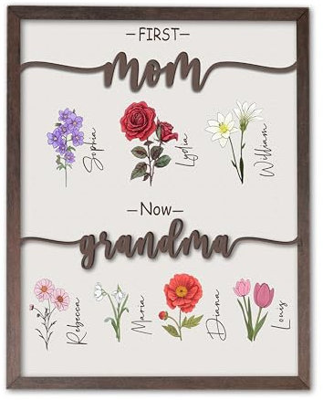 Regalos personalizados del día de madres para mamá, placa de madera personalizada de la flor del mes de nacimiento con el soporte, Primera Mamá Ahora Abuela Jardín Placa Nombre de la familia