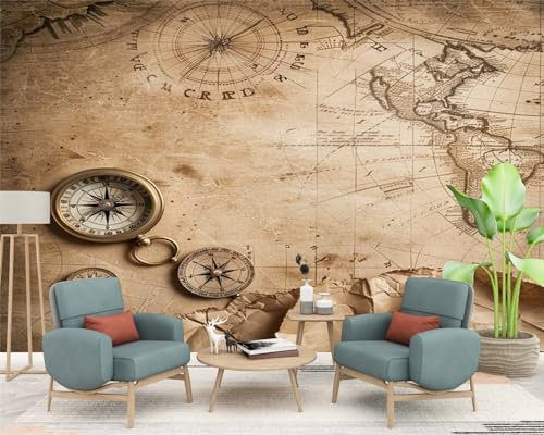 Fototapete Retro Weltkarte Kompass 300x210 cm - Vliestapete Wohnzimmer Schlafzimmer Vlies Tapete Wandtapete Wandbilder Wanddekoration für Esszimmer