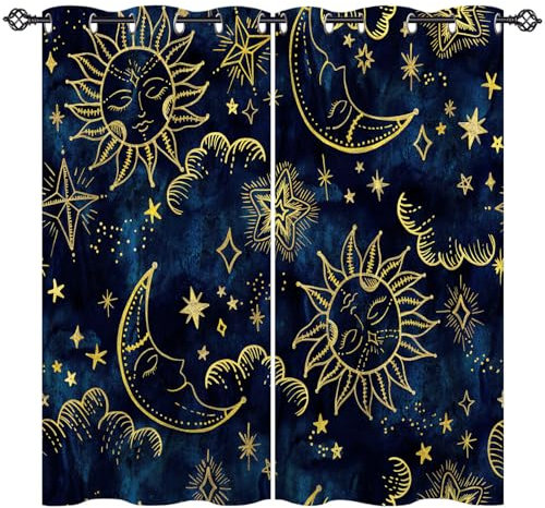 ANHOPE Astrologie Sonne Mond Sterne Vorhänge mit Ösen Weich Gardinen Blickdichte Thermo Vorhang Blackout Curtain Schlafzimmer Wohnzimmer Verdunklungsvorhänge 2er Set H 138 x B 107 cm