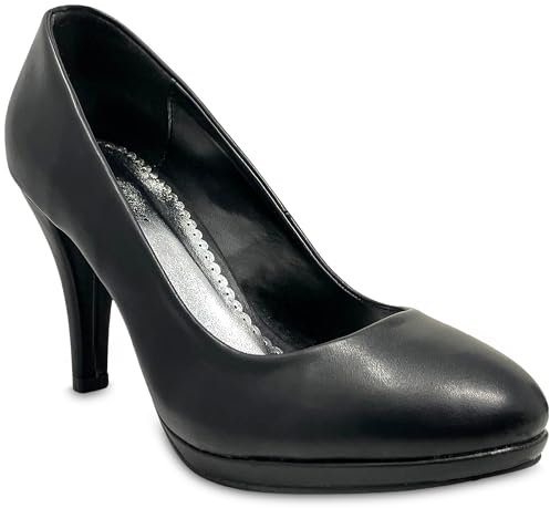 Womens Black Court Shoes Block Mid Heel Platform Smart Closed Toe Ladies Heels Pumps (Black PU, Size 5)