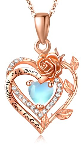 June Birthstone Jewellery Moonstone Necklace Sterling Silver Rose Necklace Rose Gold Flower Heart Pendant Necklace Fine Jewellery Gifts for Women