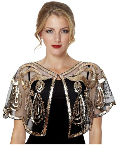 keland 20er Jahre Bolero Jacke Damen Pailletten Umhang Charleston Cape für Abendkleider (X-Schwarz & Gold)