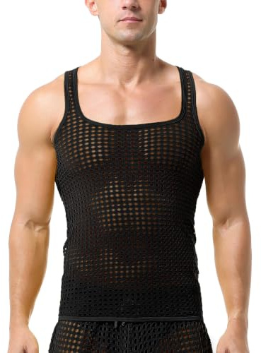 QiaTi Herren Fischnetz-Shirts Mesh Crop Tank Tops Durchsichtige Rundhalsausschnitt ärmellos Muscle Tee Club für Männer