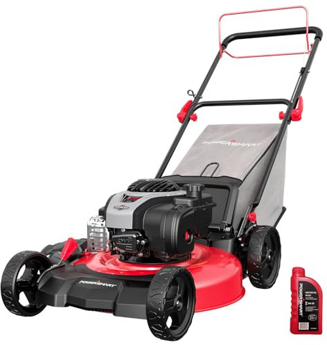 PowerSmart Tondeuse à Gazon autopropulsée 21 140 CC, Hauteur de Coupe réglable sur 6 Positions, 3 en 1 avec paillage, décharge latérale, ensachage arrière, démarrage Facile