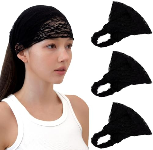 LONEEDY Weiche Spitzen-Haarbänder für Damen, 2-Wege-Bandana-Haarband für Mädchen, tägliches Haar-Accessoire (3 x Schwarz, Einheitsgröße), 3 Stück