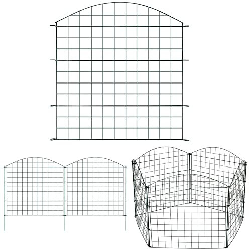 Izrielar Teichzaun Gartenzaun Komplettset, 44 Stück Set Metall Steckzaun Metallgitter Gartenzäune - 20 Zaunelemente 24 Befestigungsstäbe (Oberbogen), Zaun für Hunde, Länge 15 m Grün