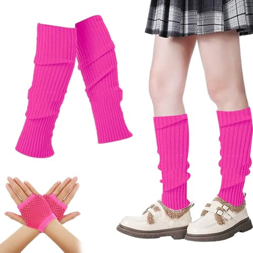 KARELLS Damen Stulpen,Winter Strick Bein,Beinwärmer Socken,Beinstulpen und Netzhandschuhe Set 80er,Gestrickte Beinlinge für den Winter,Jahre Neonmanschetten,Beinlinge aus Wolle