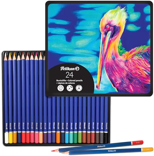 Pelikan Buntstifte Premium Set – 24 Farben im Metall-Etui – Farbkasten mit sechseckige Holzstifte – Weicher Farbauftrag, satte & deckende Farben – Malstifte mit 3,3 mm Minenstärke & 17,5 cm Länge