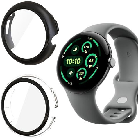 Holilo 2 Stück Hülle Mit Gehärtetes Glas Displayschutz für Google Pixel Watch 3 41mm Rundum Schutzhülle,Vollständige Abdeckung Schutzhülle Ultradünne Kratzfest Schutz Case-Schwarz+Transparent