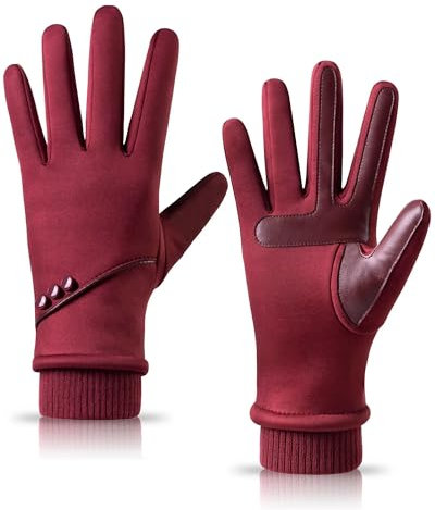 HOLDINA Damen Handschuhe Winter Warm, Wasserdicht Mit Rutschfestem Leder, Touchscreen Mit Fleece Gefüttert Zum Fahren, Laufen, Radfahren, Wandern (Rot-M)