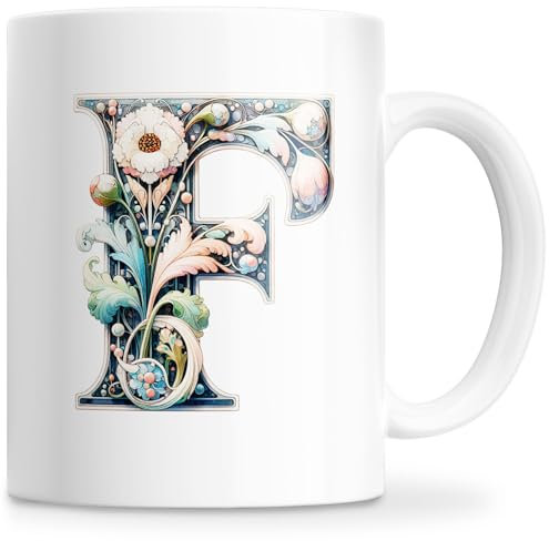 Taza Personalizada con Letra Inicial del Nombre - Taza Cerámica 350ML con Motivo Floral, Regalos Originales para Mujeres, Mamá, Amigos - Apta para Lavavajillas y Microondas (F)