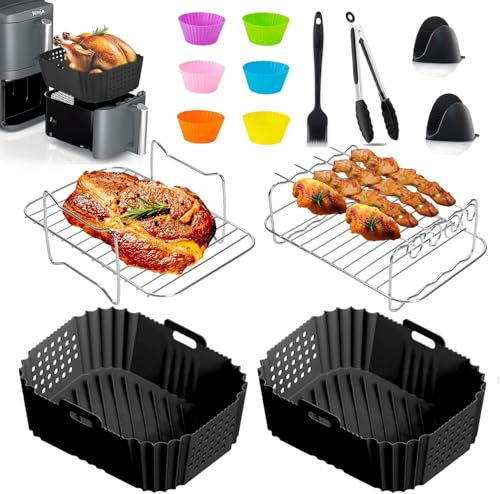Air Fryer Accessories for Ninja Double Stack XL 9.5L SL400UK,Air Fryer Silicone Liners for Ninja Foodi AF300UK, AF400UK Dual Air Fryer Cosori/Tower 7.6L-9.5L Reusable