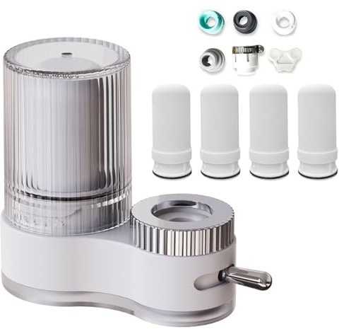 Wasserfilter Für Waschbecken, 7-lagiger Verbundfilter-Wasserfilter Hahn, Wasserhahn Reiniger Hocheffizienter Wasserreiniger Einstellbare Wassereinstellung (Weiß, mit 4 Filtern)