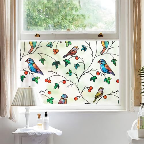 dktie Fensterfolie Sichtschutzfolie Farbige Dekorative Fensterfolie Bunte Zweige und Vögel Blickdichte Milchglasfolie Statisch haftend, Ohne Kleber, UV-Schutz, Sichtschutz, Blendschutz 90x200cm
