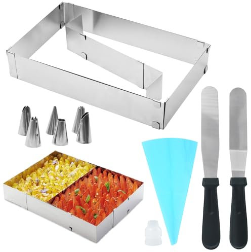 JASFLY Cadre Patisserie Rectangulaire, 28-53cm Acier Inoxydable Moule Rectangulaire Patisserie avec 2 Spatules et Utilisation Répétée Ensemble Buse Décorative pour Gâteaux Desserts