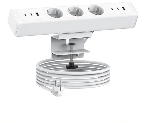 Tischsteckdose Klemmbar mit USB C, Haiaoyyds 3-Fach Schreibtisch Steckdosenleiste mit 6 USB Ports,1,8m Kabel, Steckdose Schreibtisch für Büro & Zuhause (Weiß)
