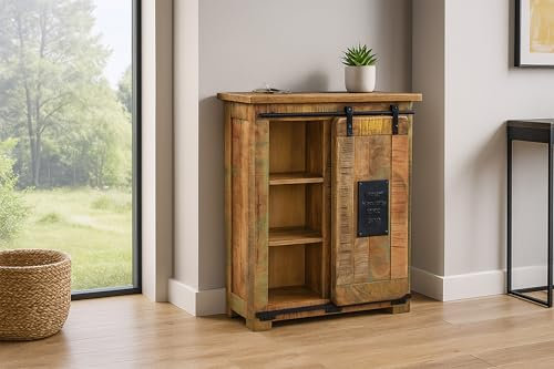 SAM Sideboard Libro IV, Mangoholz massiv + bunt, Kommode mit Holzschiebetür, 2 Schubladen & 4 offenen Fächern, Griffe, Türelemente & Reling aus Eisen, 75 x 90 x 36 cm, Shabby Chic