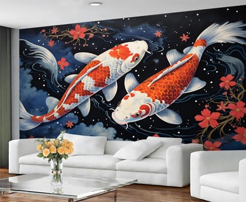 Tapete im japanischen Stil für Wohnzimmer – Abziehen und Aufkleben, Koi-Fische, Schlafzimmer, großes Wandbild und traditionelle orientalische Heimdekoration, selbstklebend