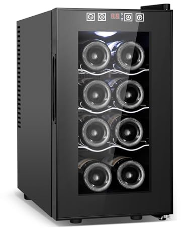 Tylza 8 Bottle Wine Fridge, Wine Cellar with Low-E Tempered Glass Door, LED Touchscreen, Lock, Frost Free, No Vibration, Wine Cooler Refrigerator for Red, White, Champagne or Sparkling Wine, Black