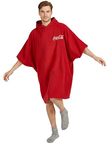 Coca-Cola Wickelmantel, Unisex, offizielles Lizenzprodukt, Größe M, 155-183 cm, 100% Baumwolle, mit Kapuze, Poncho-Handtuch für Strand, Schwimmen, Surfen