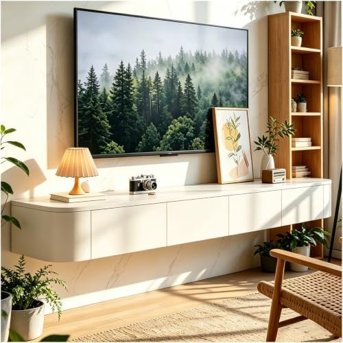 TV Board Hängend, Hängeschrank Wohnwan, Fernsehtisch, Stehend/Hängend, Hängeboard Schwebend, Moderner Fernsehtisch Mit Stauraum, TV Tisch Für Wohnzimmer Und Esszimmer Aus Massivholz (Weiß, 220cm)