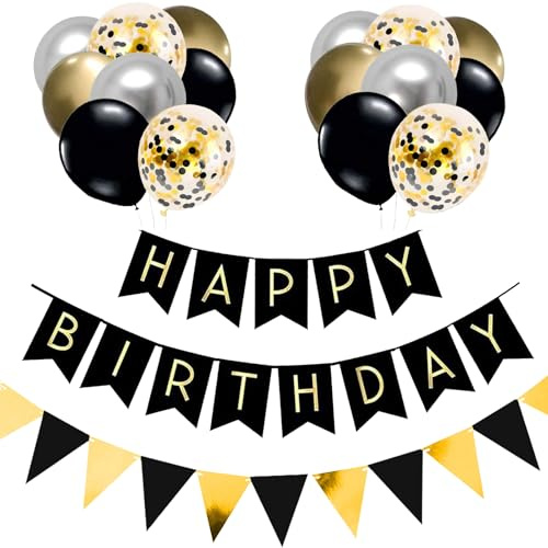 Luftballons Geburtstag Dekoration Set, Schwarz Gold Silber Geburtstagsdeko Set mit Luftballons Konfetti Ballons Dreiecksflaggen Girlanden(BK+GD+SR+SJQ)