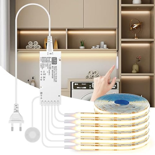 RNPKZ 12V COB LED Streifen, 6 Rollen 1M Warmweiß COB LED Strip, Akustikpaneele LED mit Berühren und Hand Sweep Dimmschalter für Schrank, Vitrine, Küche, Regal, Weinschrank und Regalbeleuchtung