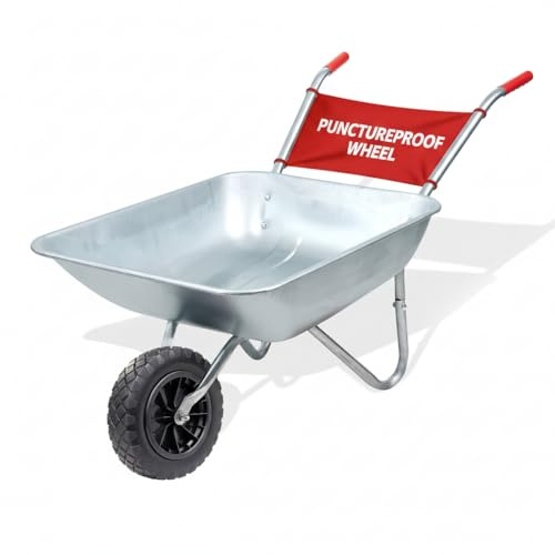 65L/100Kg Wheelbarrow with Puncture-Proof Wheel, Galvanised Steel, Silver (Black Wheel)