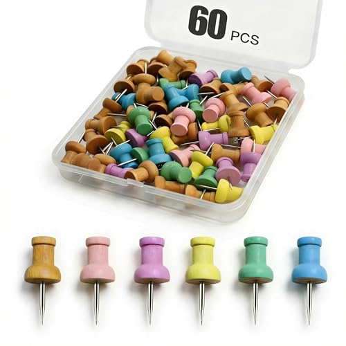 Colorful Wood Push Pins, Decorative Wooden Thumb Tacks for Cork Board and Bulletin Board, Map Pins for Wall, 60 Pieces