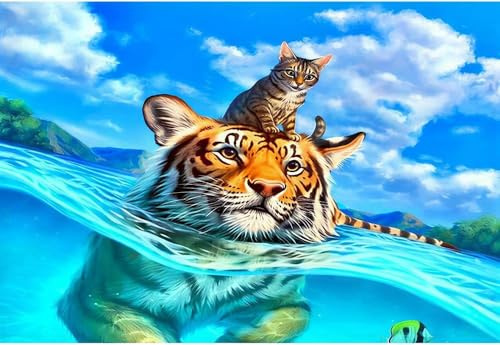 1000 Pieces Animal Puzzle: Tiger Mother Carrying Cub Crossing River, Challenging Story Scene Game for Adults & Teens 38x26cm