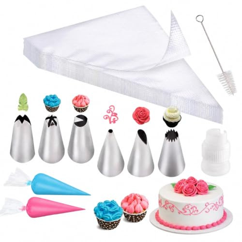 Piping Bags and Nozzles Set with Coupler and Cleaning Brush, 100 Pcs Disposable Pastry Bags, Large Clear Decorating Bags with Stainless Steel Tips for Cake Cupcake Dessert Decorating