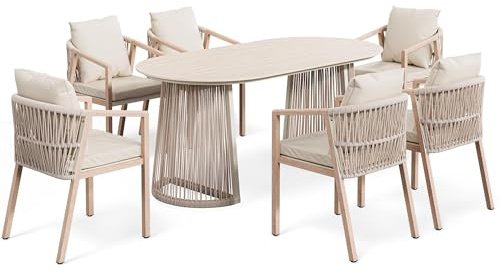 di volio Gartenmöbel Set ARNELI – großzügige Gartengarnitur mit Tisch und 6 Stühlen, Terrassenmöbel für außen, stabil & bequem (Beige)