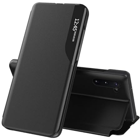 Techsuit für Samsung Galaxy Note 10 4G Note 10 5G Klapphülle mit Kartenfach, Standfunktion, Smart View Fenster, Kameraschutz, Kratzfest, eFold Series, PU Leder, Schwarz