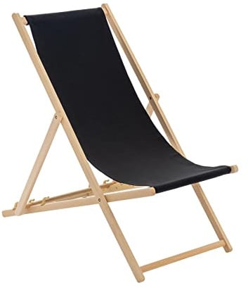 Harbour Housewares Folding Wooden Deck Chairs – Black – Pack of 1 – Adults Traditional Foldable Reclining Outdoor Canvas Sun Lounger Chair Seat for Garden Patio, Beach, Camping