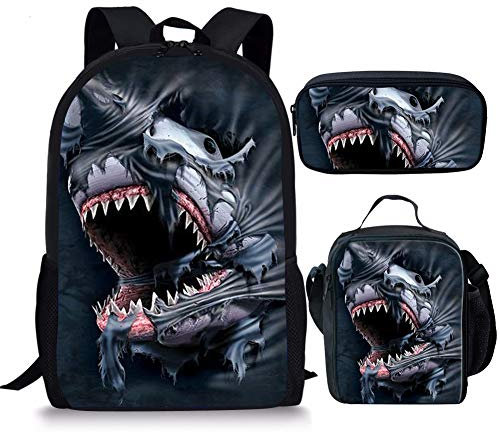 Showudesigns 3-teiliges Schulranzen-Set für Kinder, Rucksack und Lunchbox, langer Riemen, Federmäppchen für Mädchen und Jungen, Hai Cool Sets (Schwarz) - Z-3182CGK