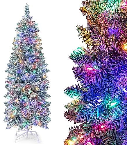 COSTWAY 5FT/6FT Pre-Lit Artificial Christmas Tree, Hinged Slim Pencil Xmas Tree with 343/475 Branch Tips and 190/250 Multi-Color LED Lights, Xmas Holiday Office Home Decor(5FT, Green + White)