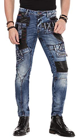 Cipo & Baxx Herren Denim Jeans Hose Ausgefallen Dicke Naht Used Look Kunstleder-Applikationen Slim Fit Jeans Hose Blau W32 L 34