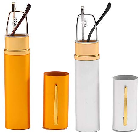 USOOLALA Unisex Compact Premium Reading Glasses Slim Reader w/Pen Clip Tube Case, GoldSilver, +2.0