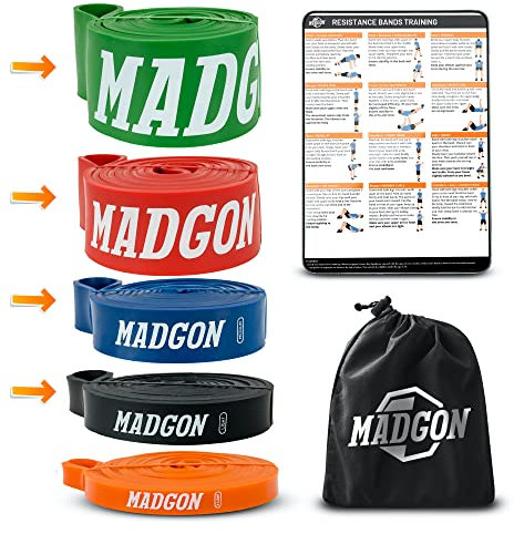 MADGON Resistance Bänder (als Einzelband in 5 Stärken oder im Set). Reißfeste & haltbare Trainingsbänder mit Beutel und PDF Guide. Widerstandsbänder für alle Muskelgruppen. Fitness Band Loop