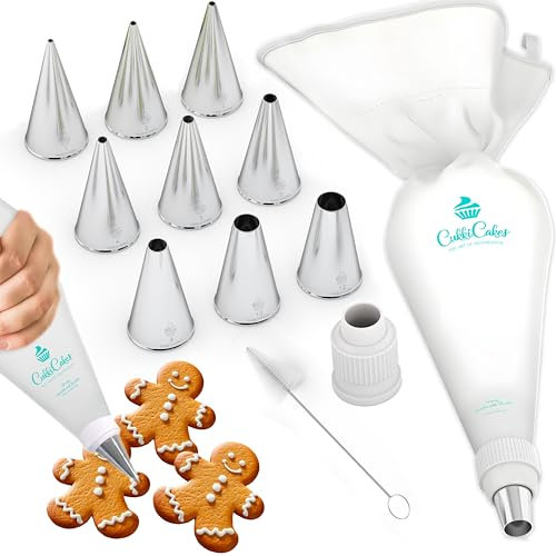 CukkiCakes Kit de pâtisserie professionnel (12pcs) pour dessiner et écrire sur cupcakes & gâteaux: poche à douille reutilisable (30cm) + 9 douilles pâtisserie - Made in Korea & Japan