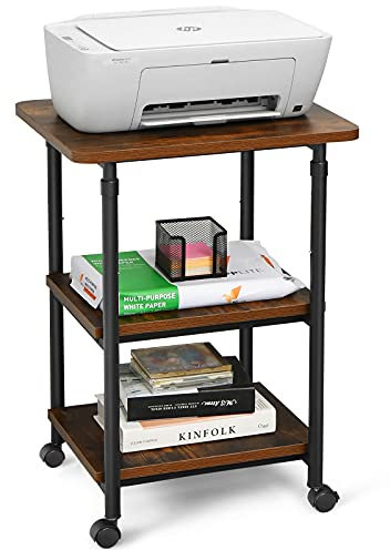 COSTWAY Druckerständer rollbar mit 3 Ebenen, Druckertisch höhenverstellbar, Druckerwagen mit Rollen, Multifunktionswagen, Druckerablage, Druckerregal für Büro, 49 x 40 x 67-77 cm (Braun)