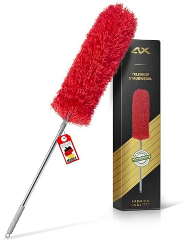 ALX Staubwedel, Waschbar, Mikrofaser, Staubwischer, Teleskop Staubwedel ausziehbar bis 260cm. Stilvolle Reinigung für EIN makelloses Zuhause (Rot)