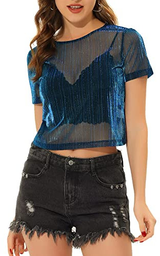 Allegra K Damen Shirt Kurzarm Rundhals Mesh Durchsichtig Party Glitzer Oberteil Top Bluse Blau M