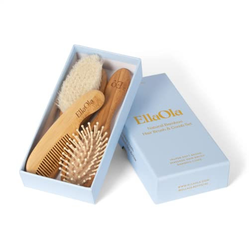 EllaOla Natural Bamboo Hair Brush and Comb Set |Infant And Toddler Baby Hair Prodcuts | 3-Piece Set Includes Super Soft Goat Wool Cradle Cap Brush, Massage Hair Brush, and Rounded Bamboo Comb 