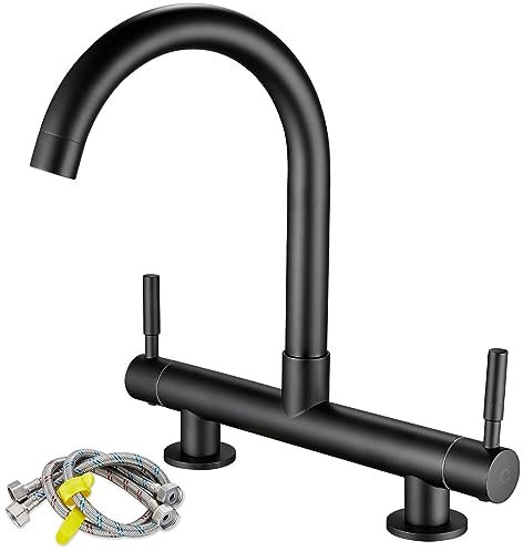 Maynosi 2 Hole Kitchen Bridge Mixer Taps, 180 mm Centers Deck Mounted Bridge Kitchen Sink Tap with 2 levers, 1/4 Turn Faucet with 360° Swivel Spout, Include UK Standard Fittings, Brass, Matte Black